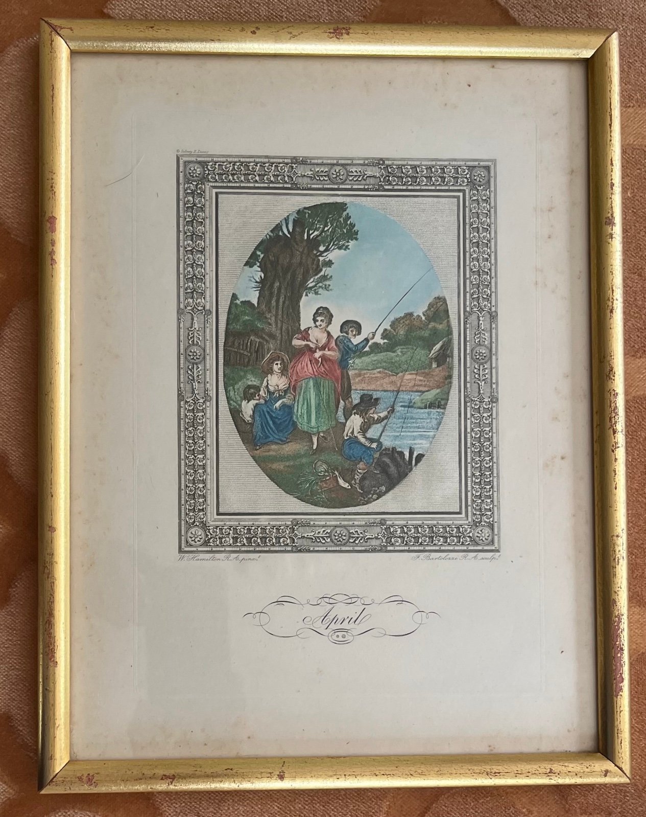 Vintage Print Calendar Month Set April Hamilton, Bartolozzi, Framed