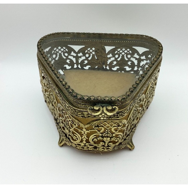 1920s Jewelry Casket Triangle French Pierced Gilt Brass & Beveled Glass