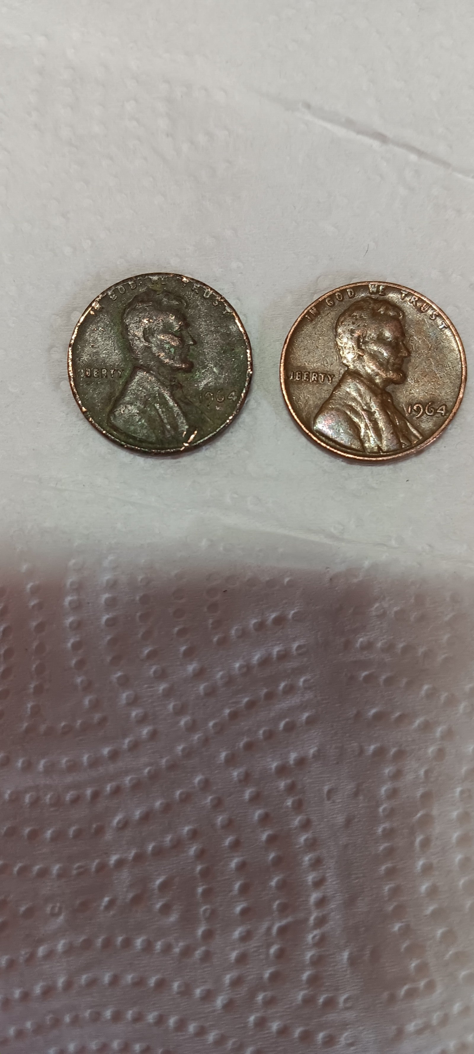 2 1964 no-mint Lincoln pennies with 2 errors