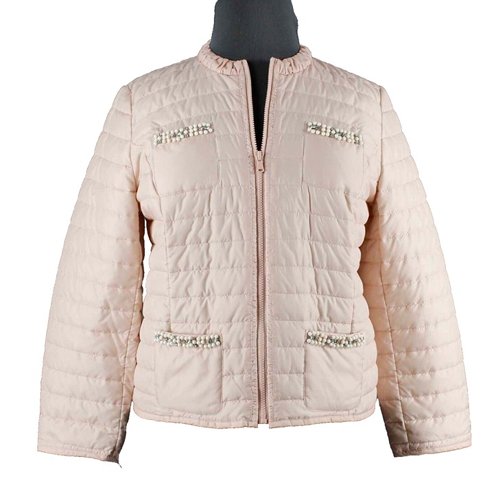 Chicos NEW 149 Sz 2 Paris Pink Quilted Beads And Gems 100% Polyester Jacket