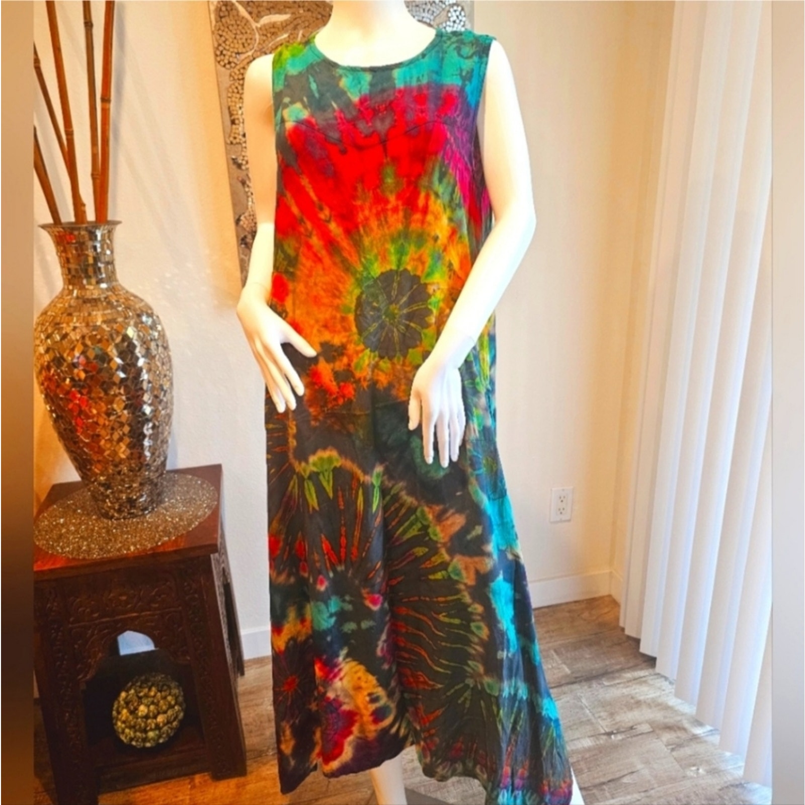 TIE DYE Colorful Rayon Flowy Midi Shift Dress OS NEW