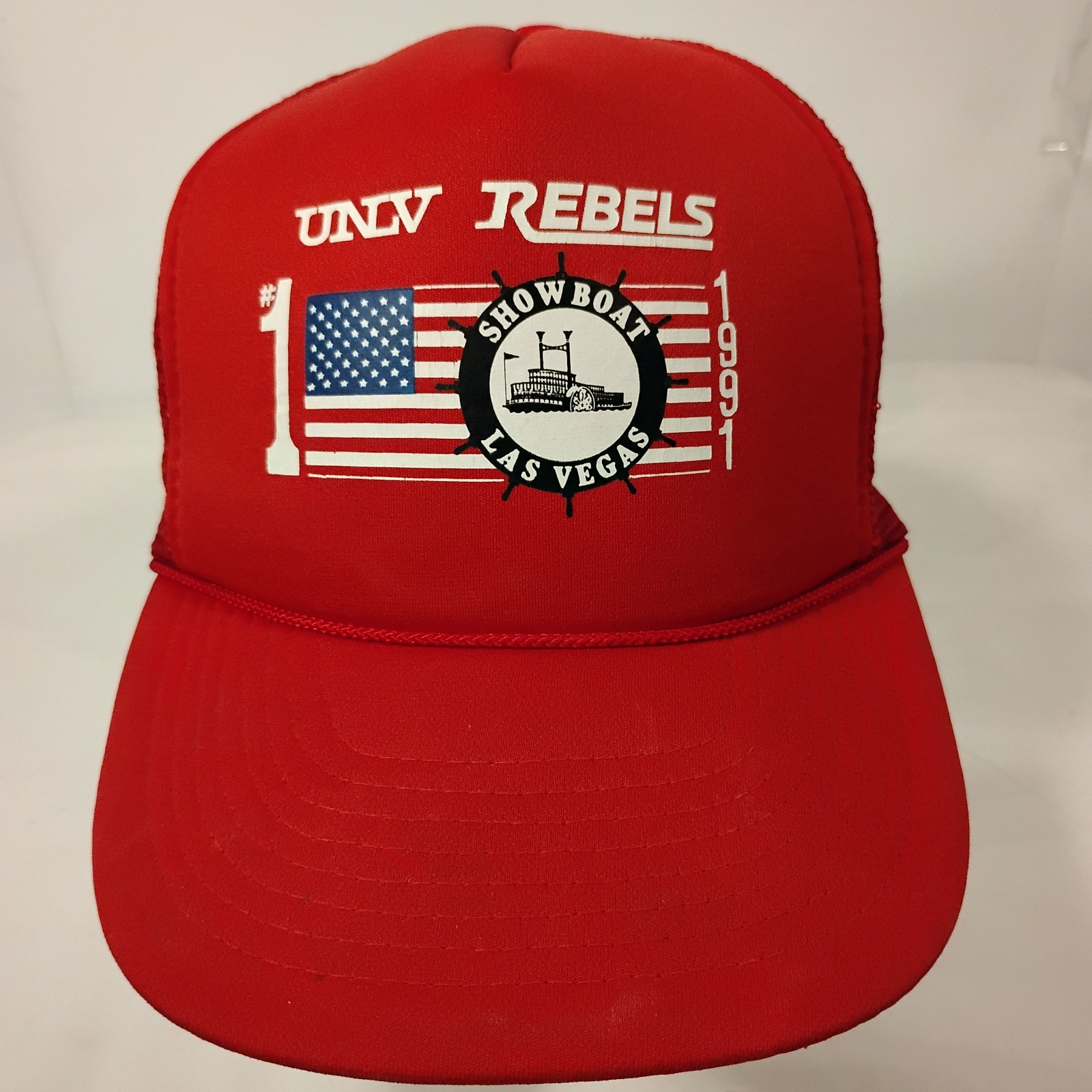VTG 1991 UNLV Rebels #1 Showboat Las Vegas Rope Mesh Snapback Trucker Hat Cap
