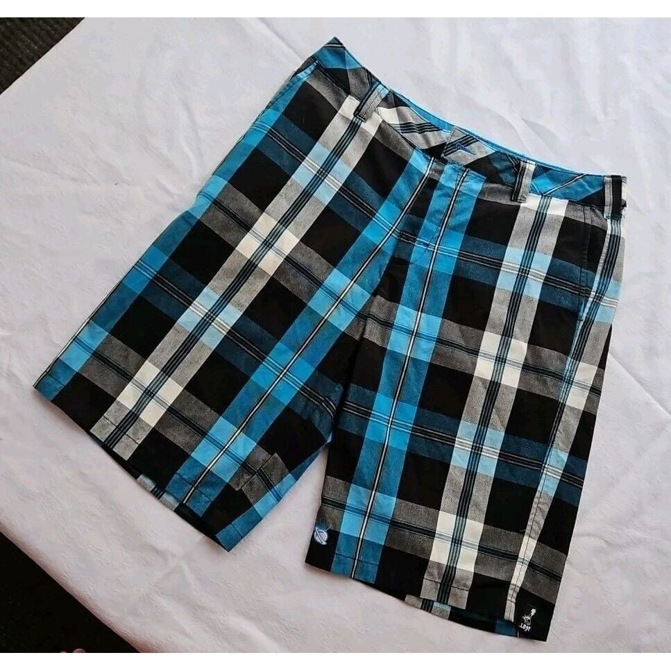 Lost Enterprises Chino Shorts TURQUOISE BLUE PLAID Flat Front Sz 34 Vintage Y2K
