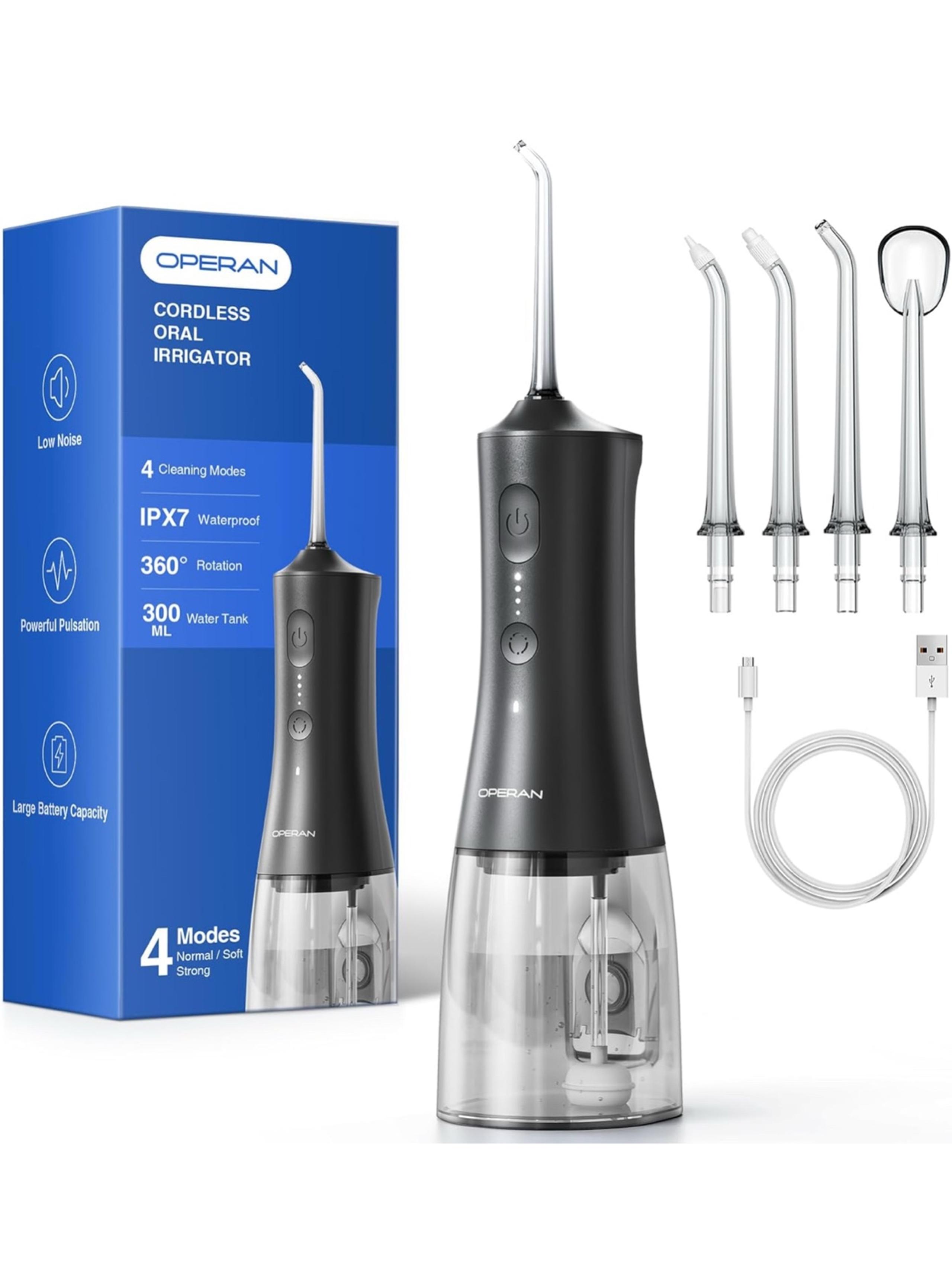 Water Flosser for Teeth, 300ML Portable Dental Flosser with 4 Modes & 4 Nozzles,