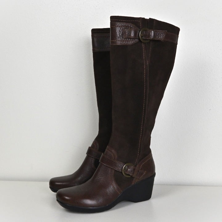 Clarks 90s Suede Leather Riding Knee High Soft Wedge Heel Boots Brown US6M UK3.5