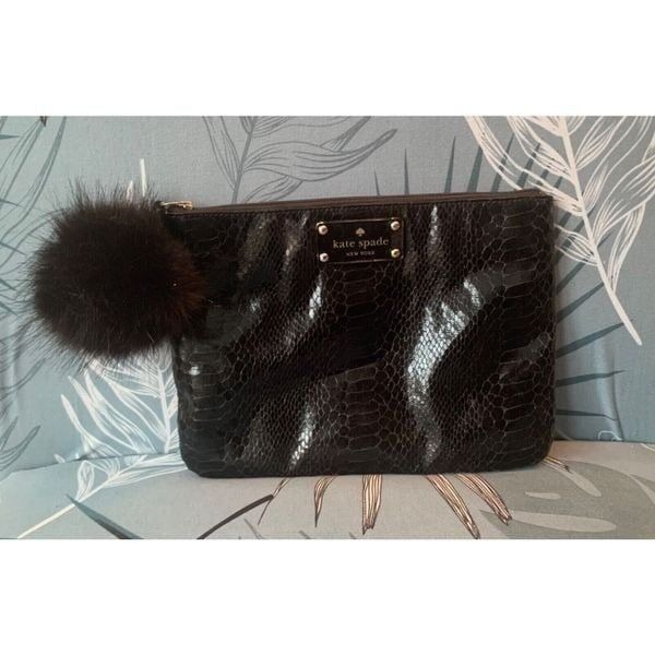 Kate Spade black Snake Skin Clutch Purse Handbag FUR ZIPPER PULL
