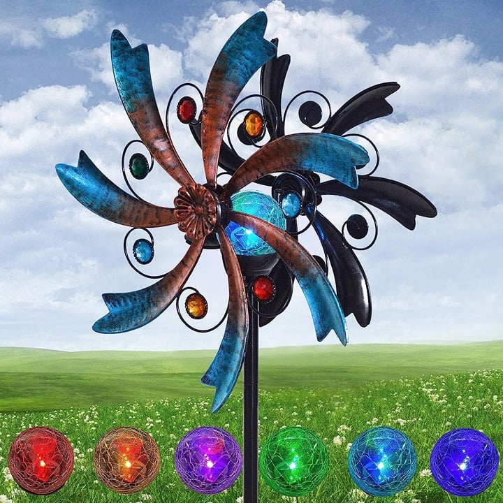 Wind Spinner 57 Inch Solar Blue Metal Garden Decor with Multi Color Changing LED