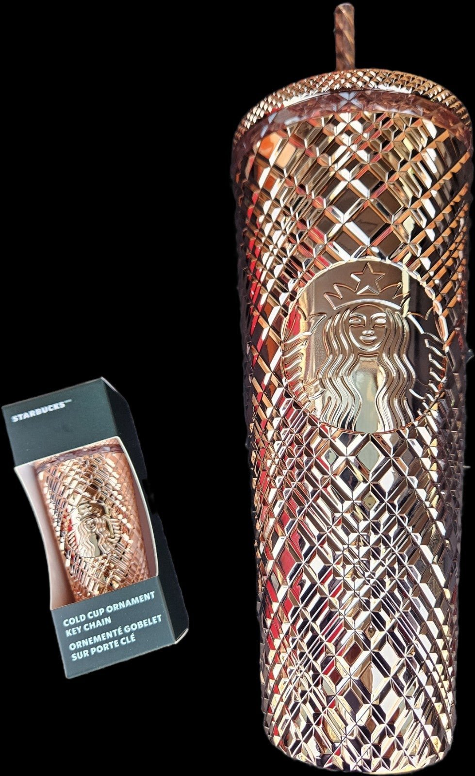 Starbucks ROSE GOLD DUO Holiday 2023 Metallic Bling Venti 24oz Cup & Keychain