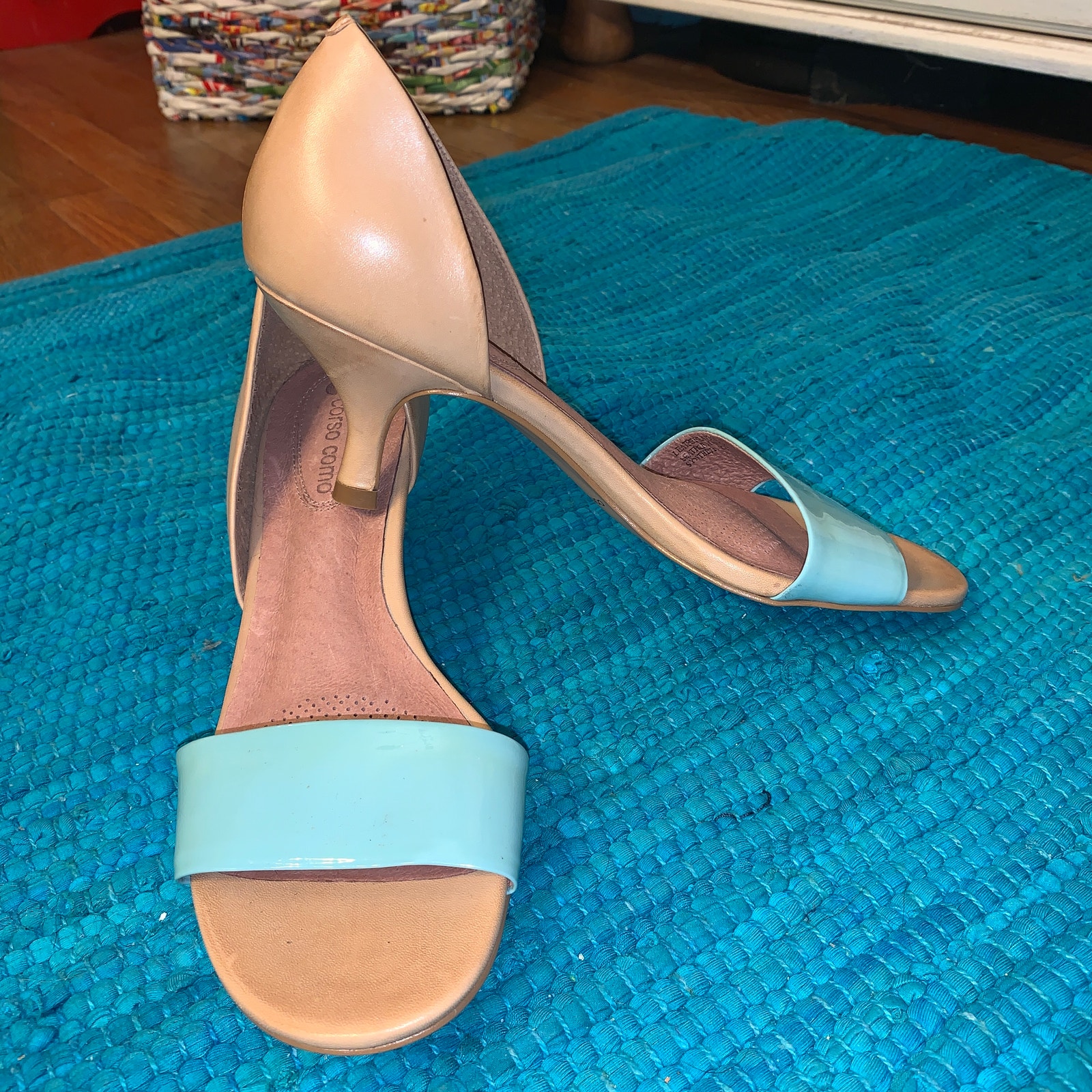 NEW KITTEN HEEL D'ORSAY PUMPS- LIGHT BLUE PATENT AND NUDE LEATHER 7.5