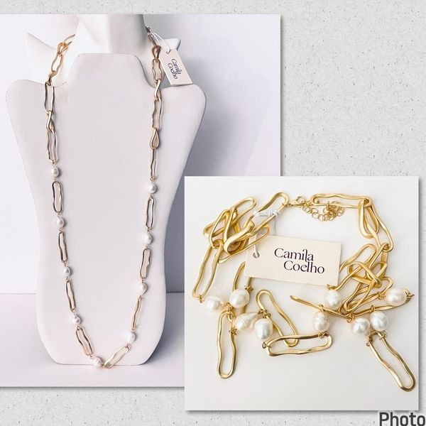NWT Gorgeous Camila Coelho 35”+3” Fresh Water Pearl/Big Gold Links Long Necklace