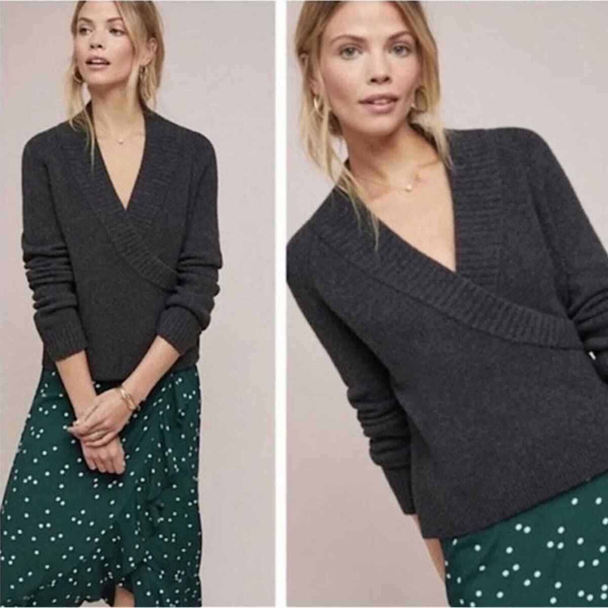 Anthropologie ett twa Tessa Faux Wrap V Neck Charcoal Gray Sweater XS