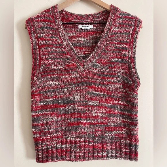 Re/Done Womens Wool Knit V Neck 60s Sweater Vest Small Red Retro Preppy Academia
