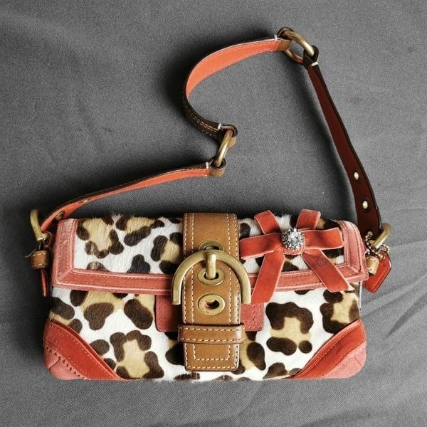 RARE! NEW! Coach vintage Y2K Red Suede Trim & Ocelot Calf Hair Bag 8A32