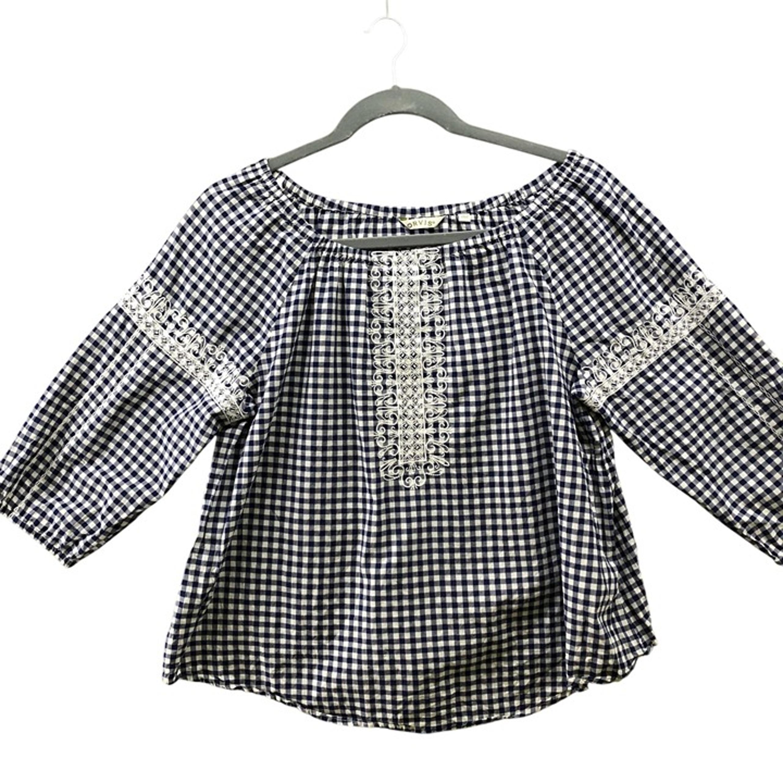 Orvis 3/4 Sleeve Blouse Womens XL Blue White Gingham Embroidered Cotton