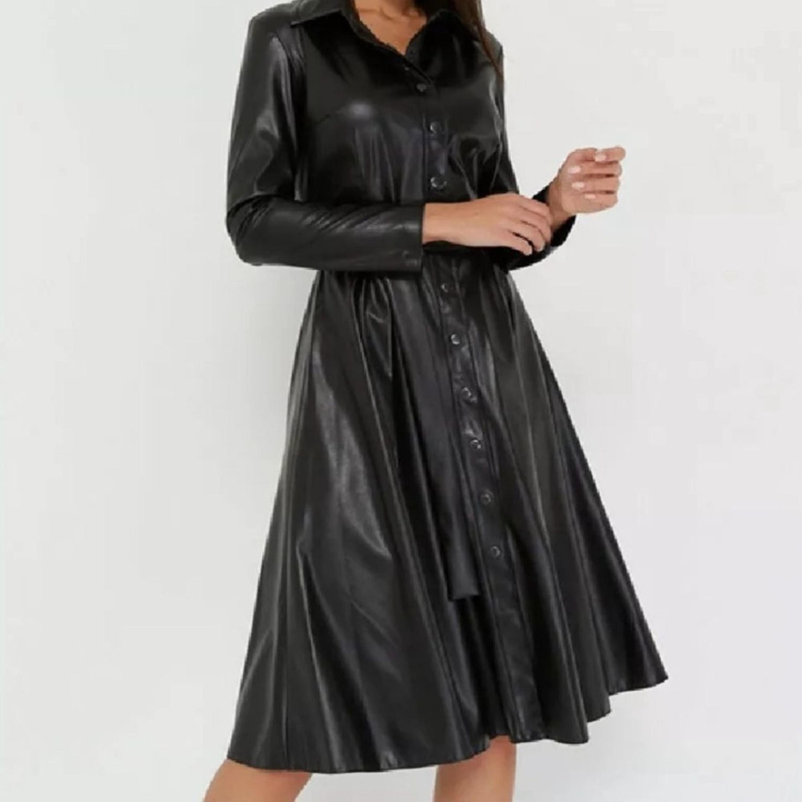 Tyler Boe Women A Line Button Front Viscous Shirt Dress Faux Leather Dress