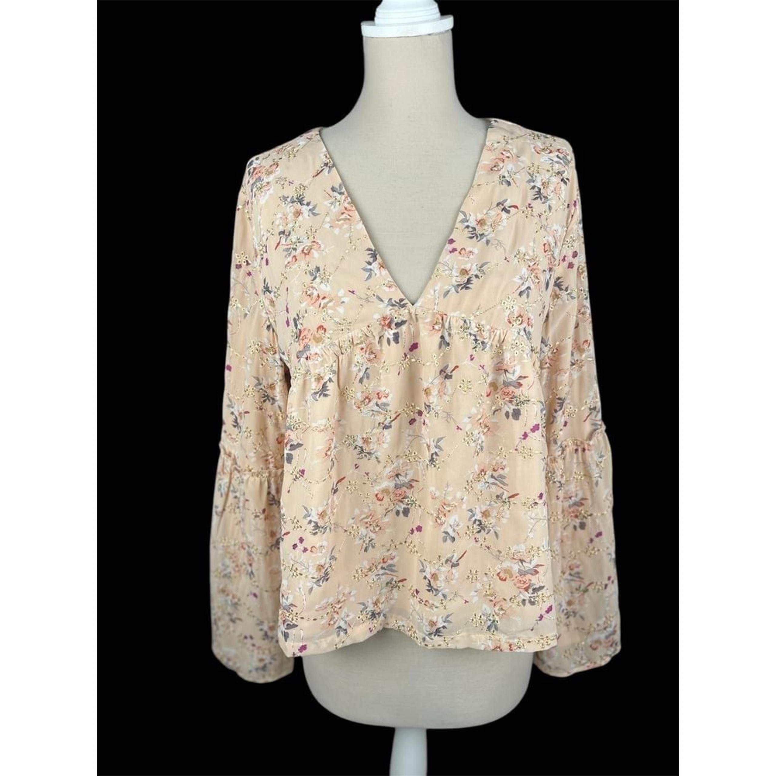 Living My Best Style x Pink Lily Floral Bell Sleeve Retro Fairy Blouse Gold XL