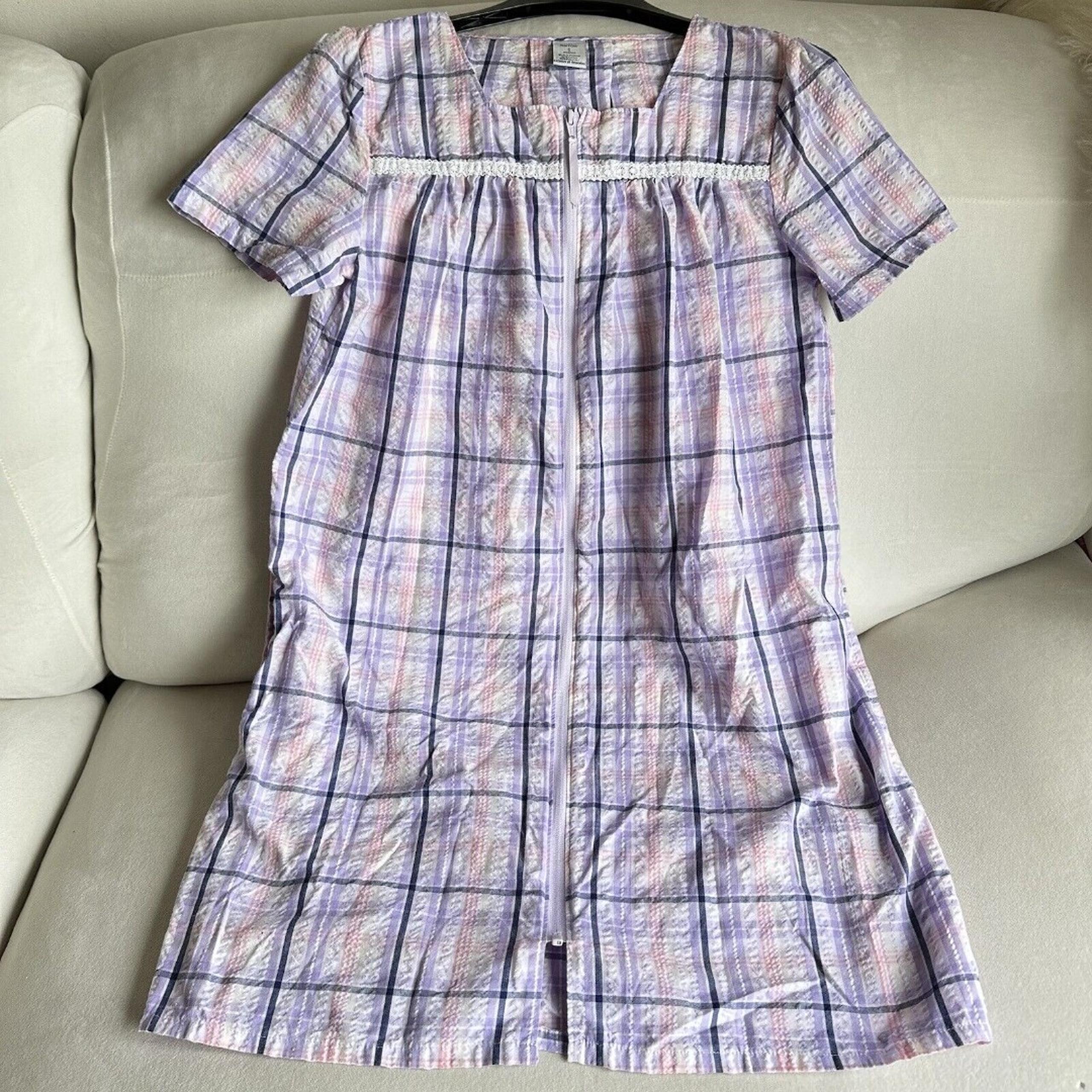 Womens Croft & Barrow Robe Knee length Purple Plaid Zipper Short Sleeve S