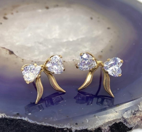 10K GOLD CUBIC HEART SHAPED BOW TIE EARRINGS ( Valentine Day Special)