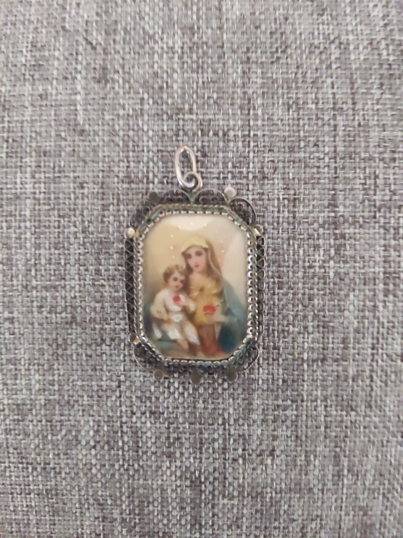 Antique Madonna & Child Portrait 800 Silver Filigree Pendant Christianity