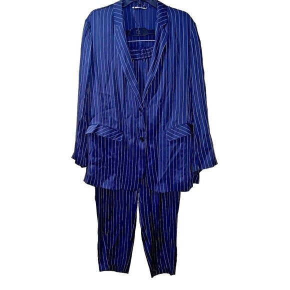 Vintage HUGO BOSS women Blue Pinstripe Blazer Trousers Set Pants 48 A000086