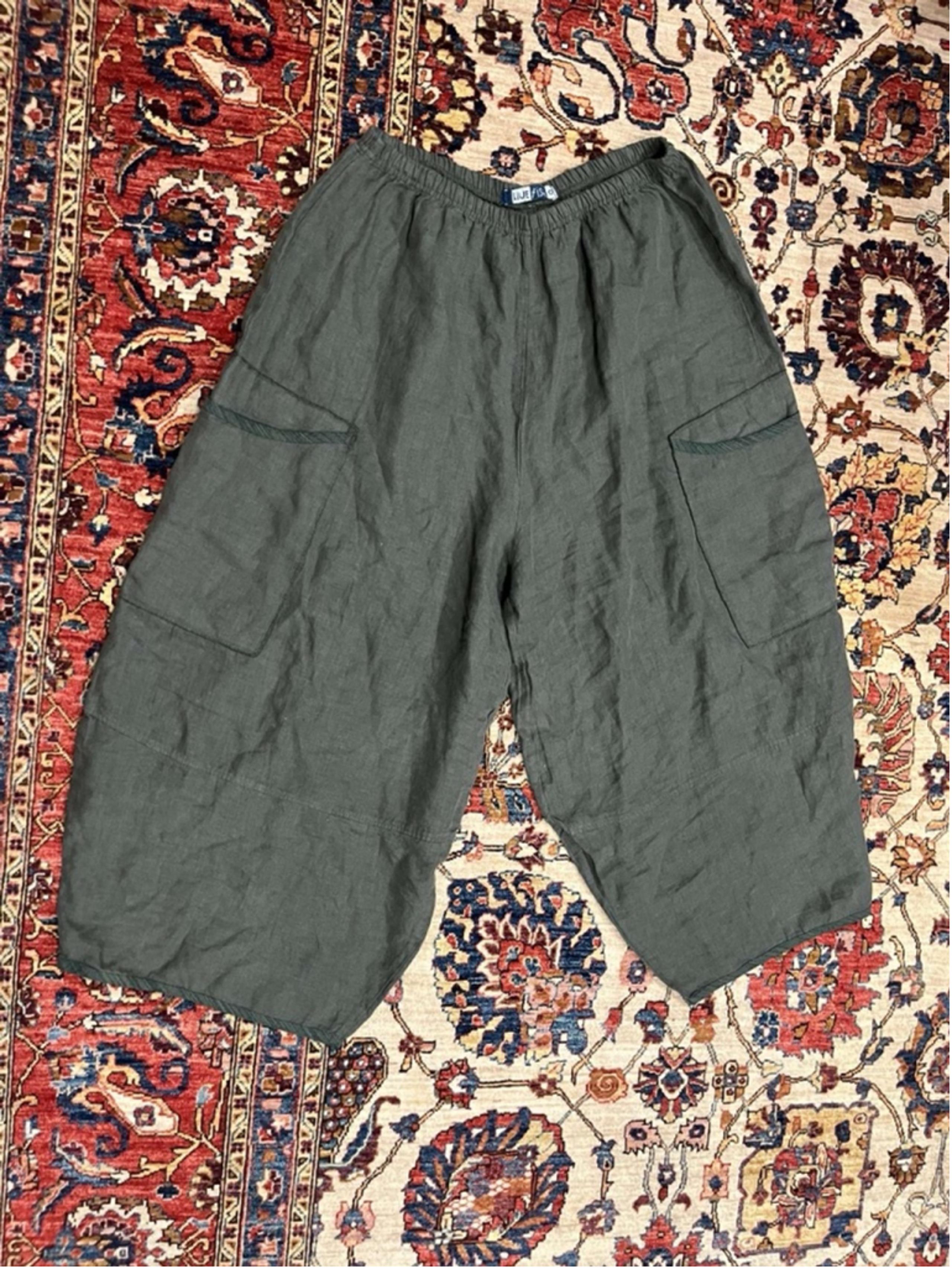 Vintage Blue Fish Pure Linen Lagenlook Green Barrel Baggy Pull On Pant Size 0