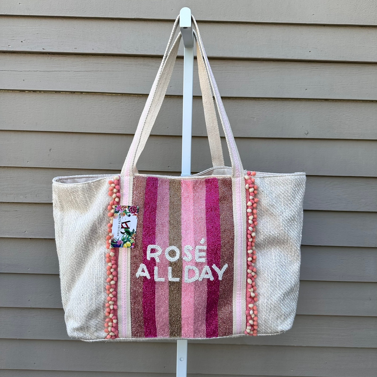 America and Beyond ROSE ALL DAY Tan Pink Large Tote Shoulder Beach Bag New