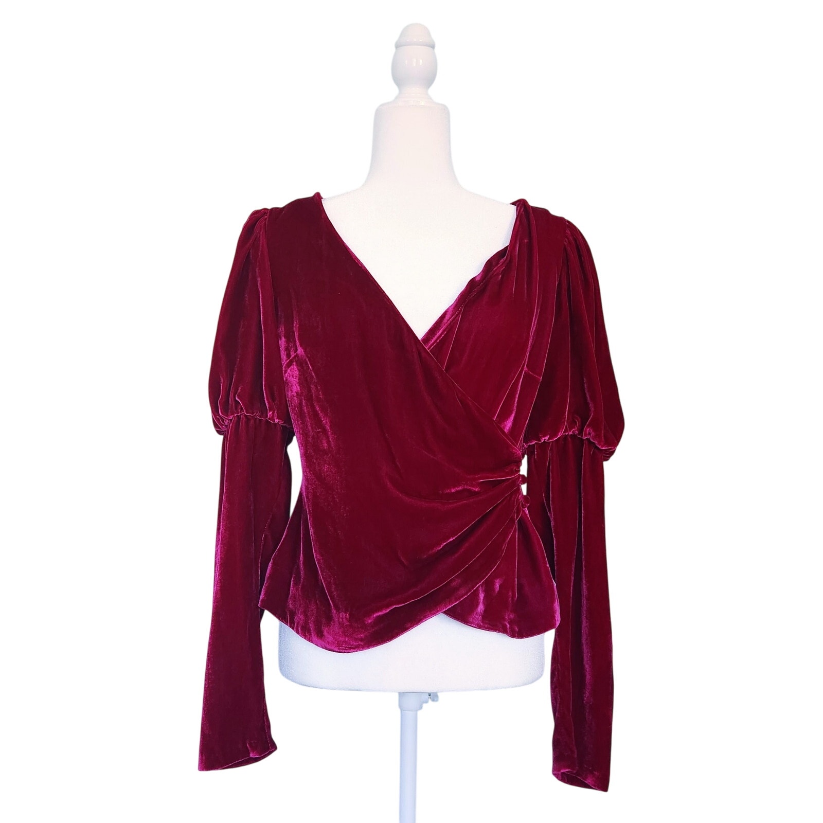 Cinq à Sept Theo Velvet Puff Sleeve Wrap Top Fuschia Sz S Silk Rayon Blend NWT
