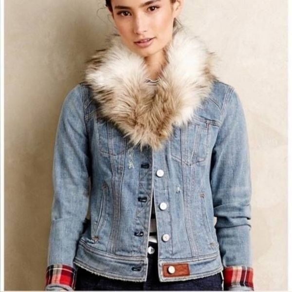 Pilcro and the Letterpress Anthropologie Faux Fur Distressed Denim Jacket