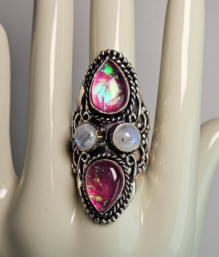 WOW! Gorgeous Pink Opal & Moonstone Southwest Sterling Silver Ring. Size 8