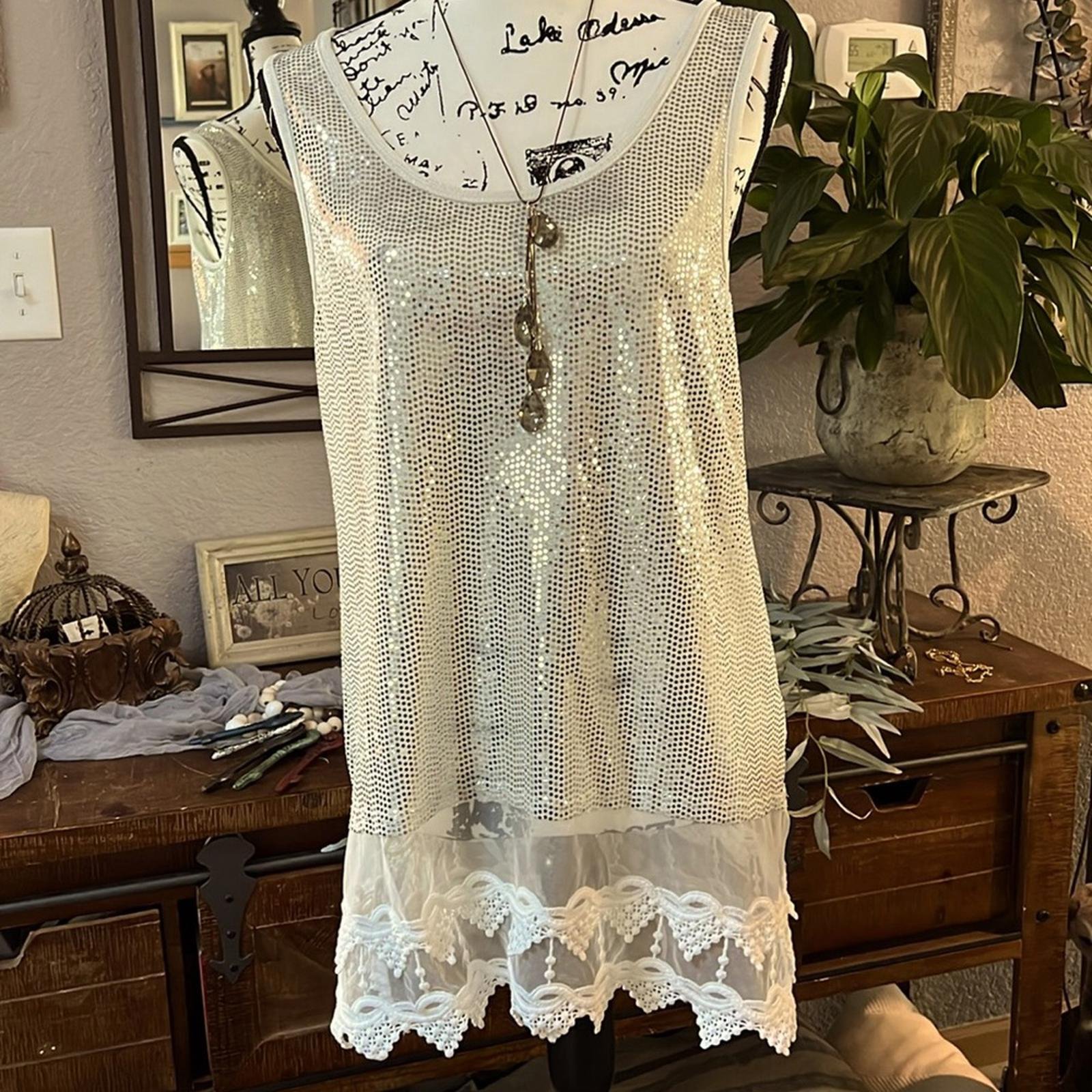 Origami byvivien white w/silver sequins tunic.  Size L