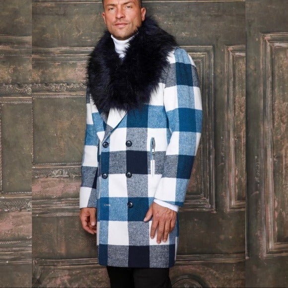 Men's Fashion Blue White Plaid Faux Fur Overcoat Size L, XL, 2XL, 3XL, 4XL, 5XL