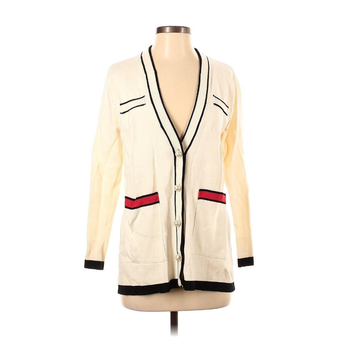ZARA Color Block Ivory Black Red Pearl Button Cardigan - S