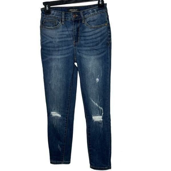 Judy Blue Relax Fit Whiskered Light Distressed Dark Blue Wash Women Jeans Sz 27