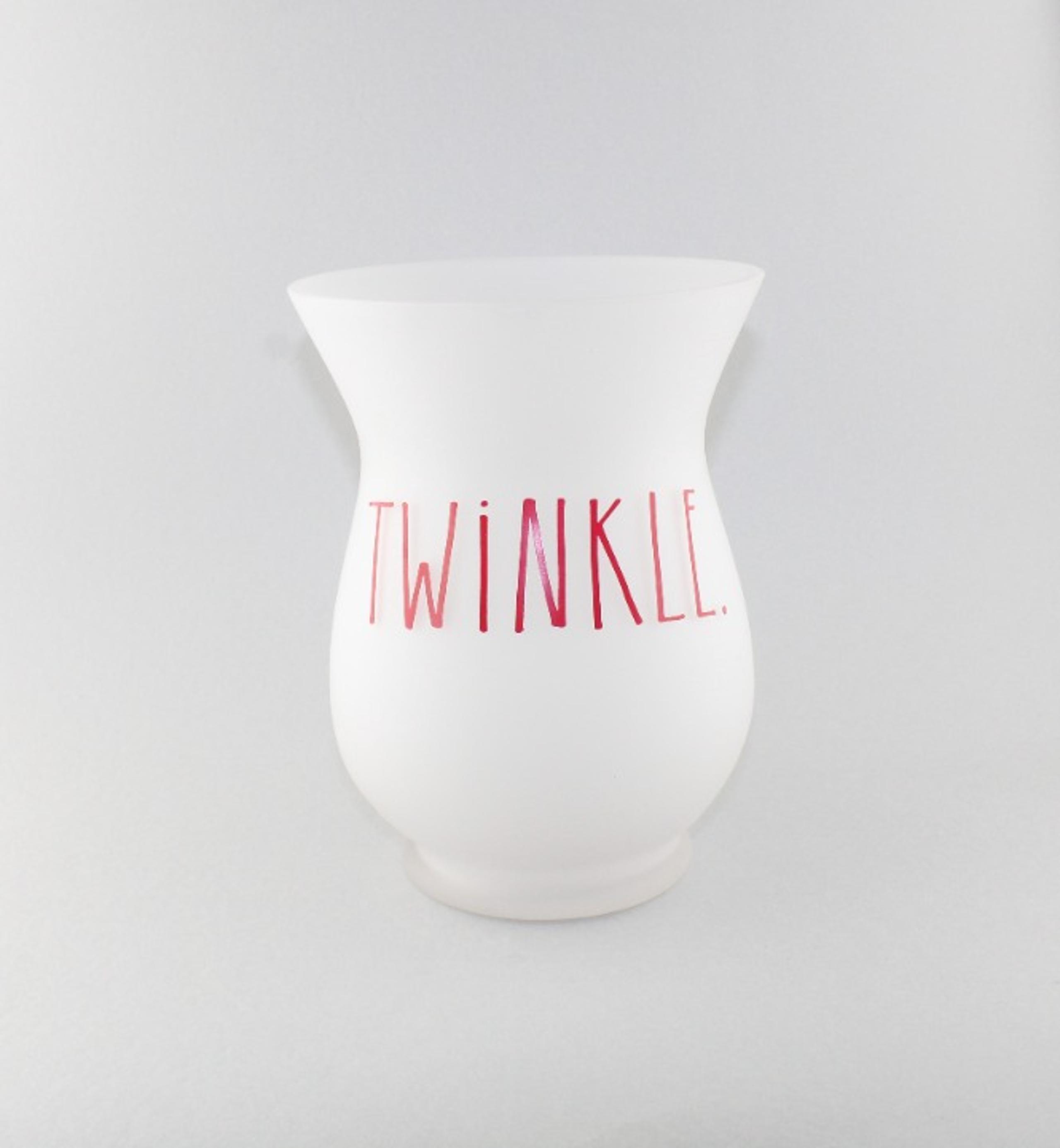 Rae Dunn "Twinkle" Hurricane Frosted Glass Candle Holder Red Lettering 8" Décor
