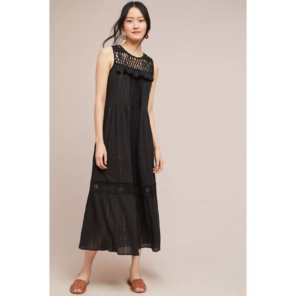 NWT Anthropologie Maeve Abilene in Black Tassel Crocheted Yoke Maxi Dress XS
