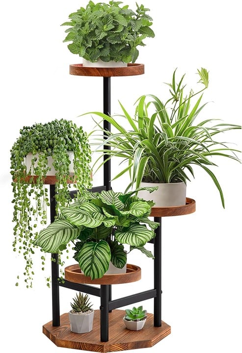 4 Tier Plant Stand Tall Metal Wood Plant Shelf Holder for Patio