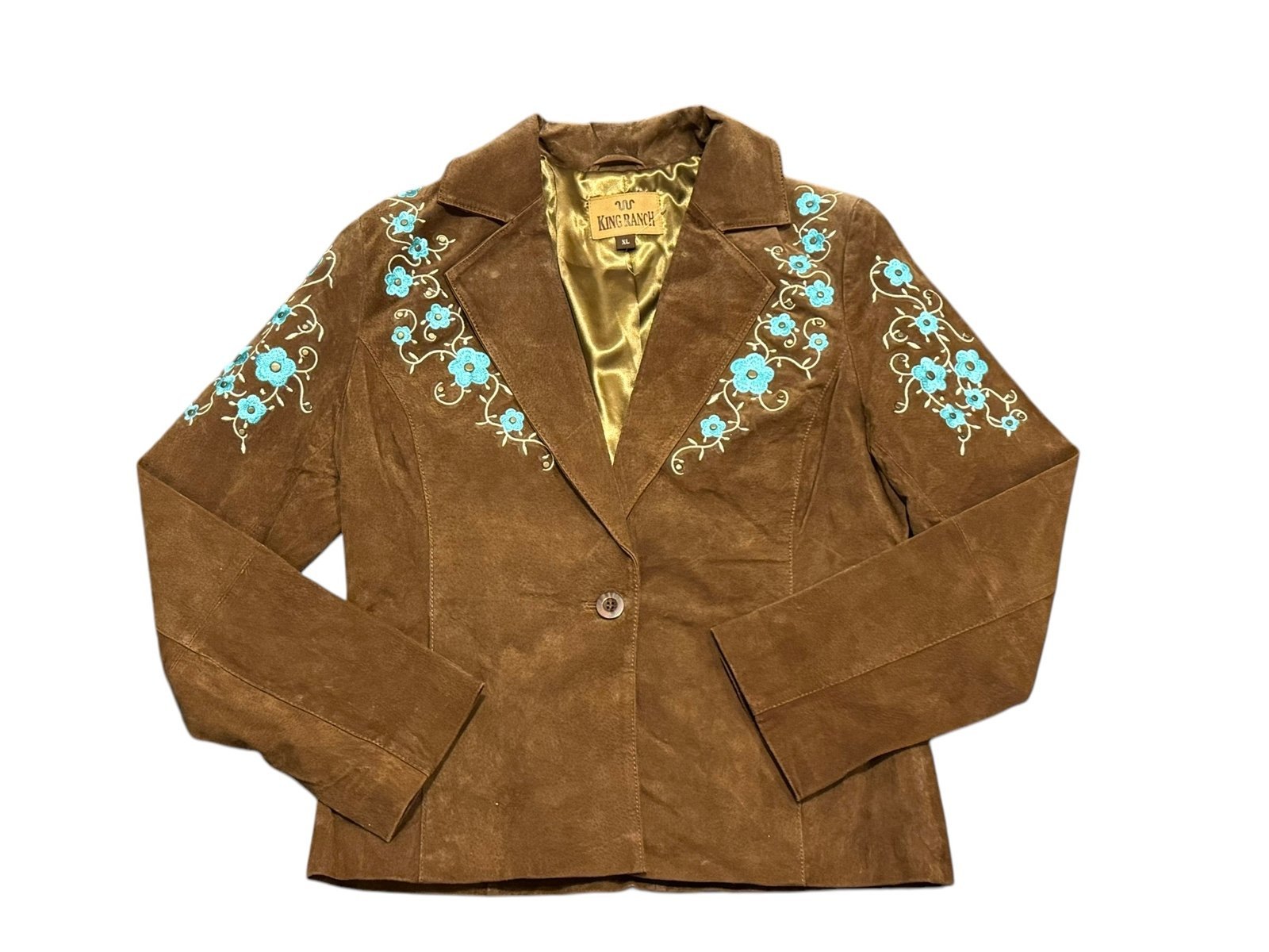 Vintage King Ranch Women’s Brown Suede Embroidered Floral Jacket Size XL