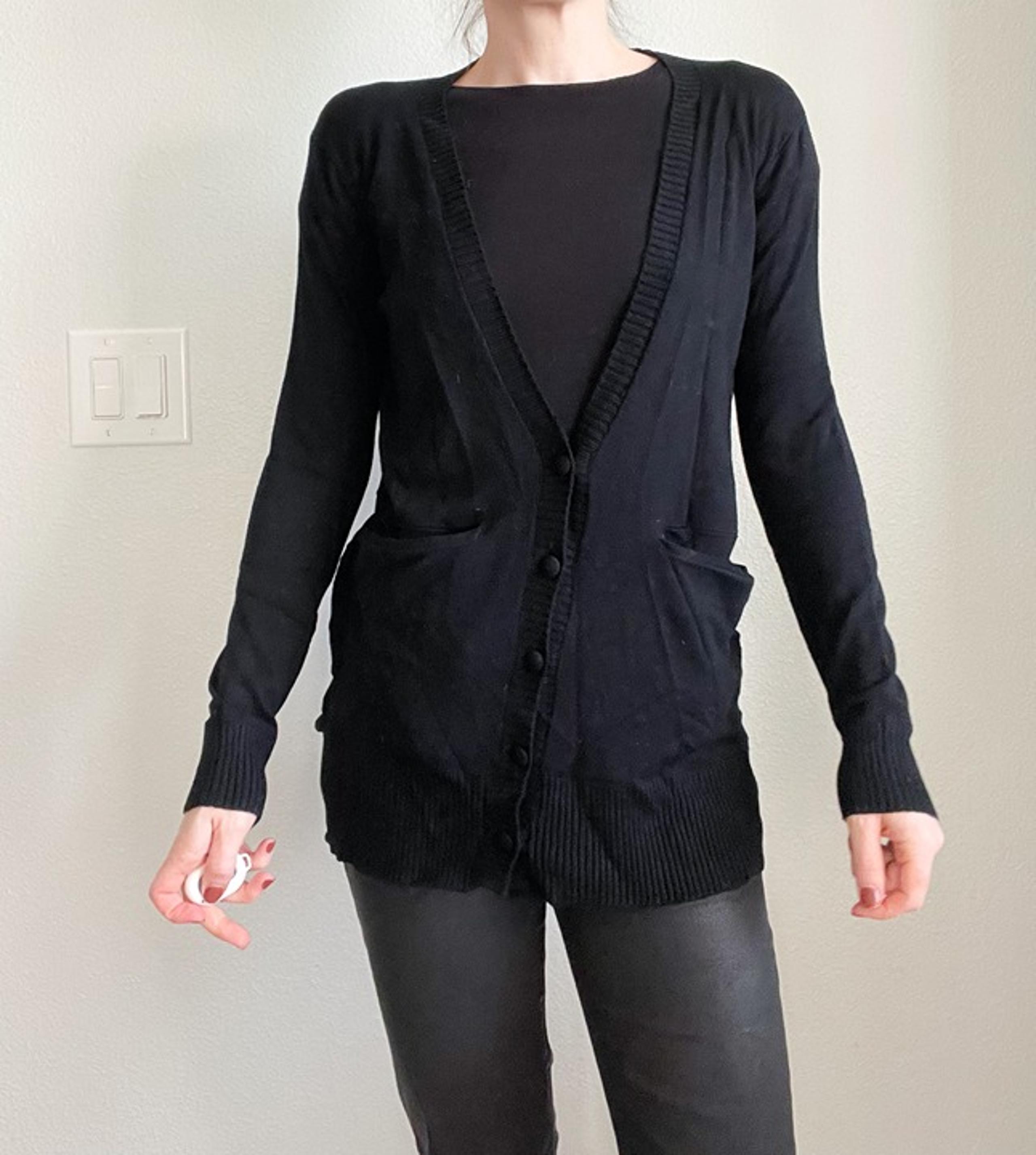 Y2K Central Park West Draped Back Cardigan Sweater – Black V-Neck Button Front