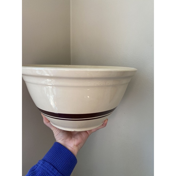 Antique McCoy Pottery Mixing Dough Bowl Beige Cream With Brown Stripe 12 Diamet