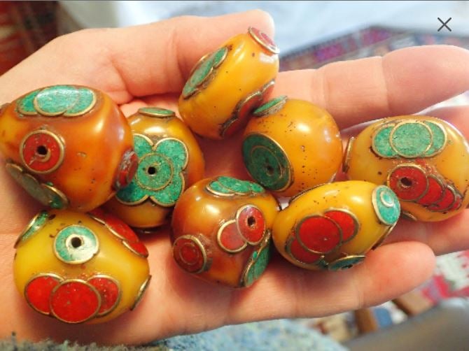 8 large Amber Resin Beads with brass inlay, turquoise and coral color accents