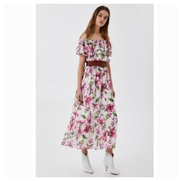 LIU JO Women's Off Shoulder Floral Midi Dress 100% Cotton Pink White Size 10