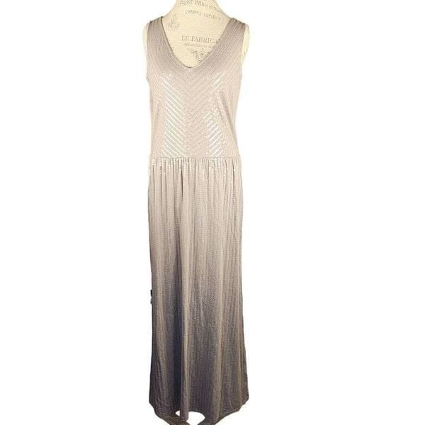 Garnet Hill Womens Gray Taupe Sequin Sleeveless Maxi Dress Medium