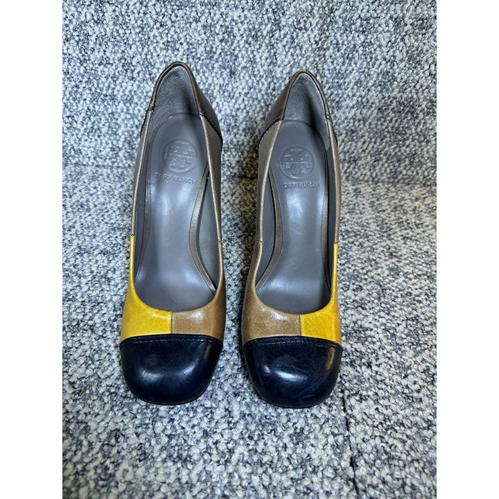 Tory Burch Womens Colorblock Leather Heels Size 7 Brown/Yellow/Black