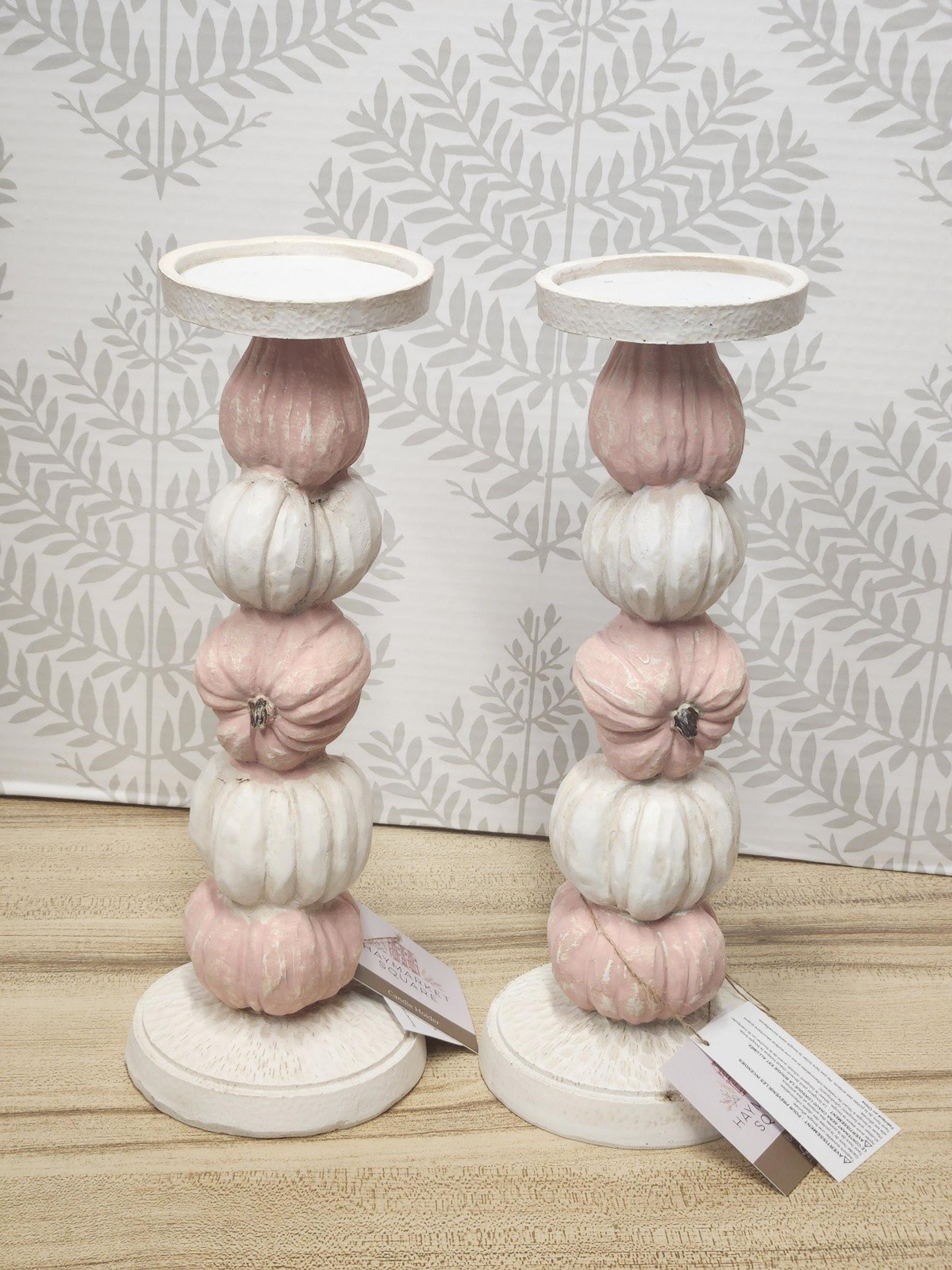 2 Halloween Pink Pumpkin Pillar Candlestick Holders