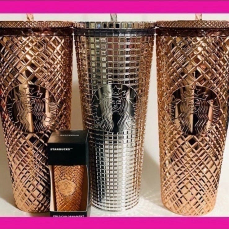 ✨STARBUCKS✨ 3 CUPS & KEYCHAIN SET✨STUNNING ✨ BRAND NEW ✨ ROSE GOLD ✨SILVER✨