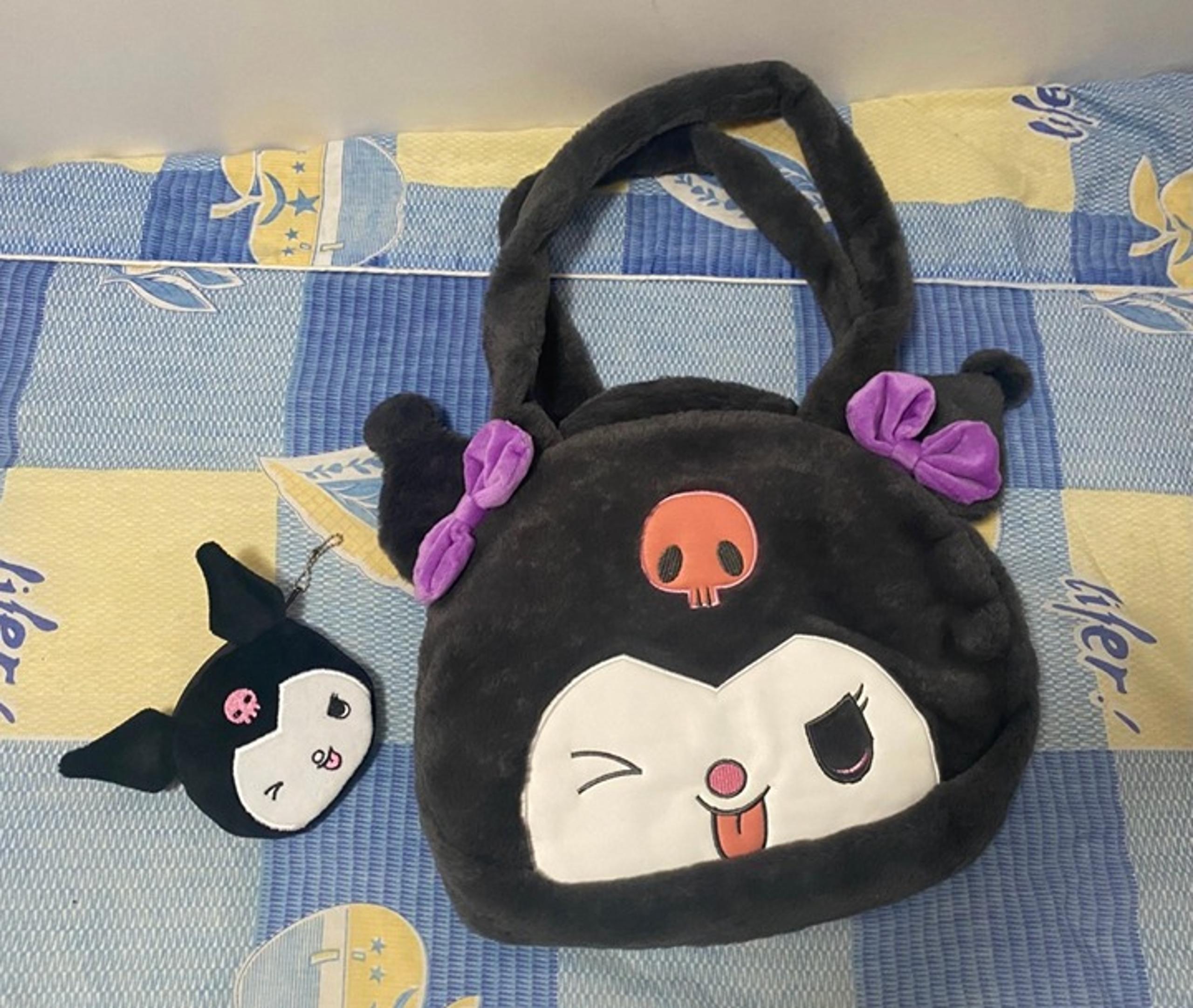 Sanrio Gray Kuromi Fluffy Shoulder Bag & Mini Coin Purse Pendant