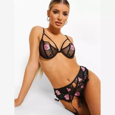 Floral Embrodiered Black Lingerie Set