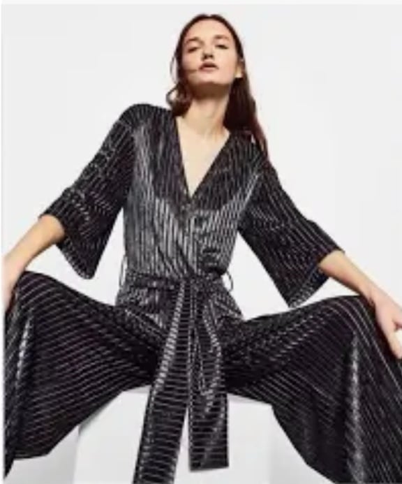 Zara steel blue velvet wide leg jumpsuit M