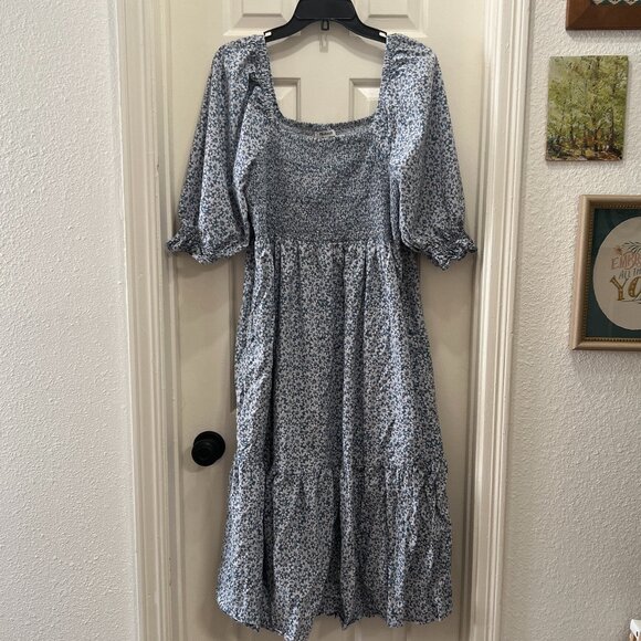 Madewell Womens Lucie Elbow Sleeve Smocked Midi Dress Size XL Blue Ditsy Floral