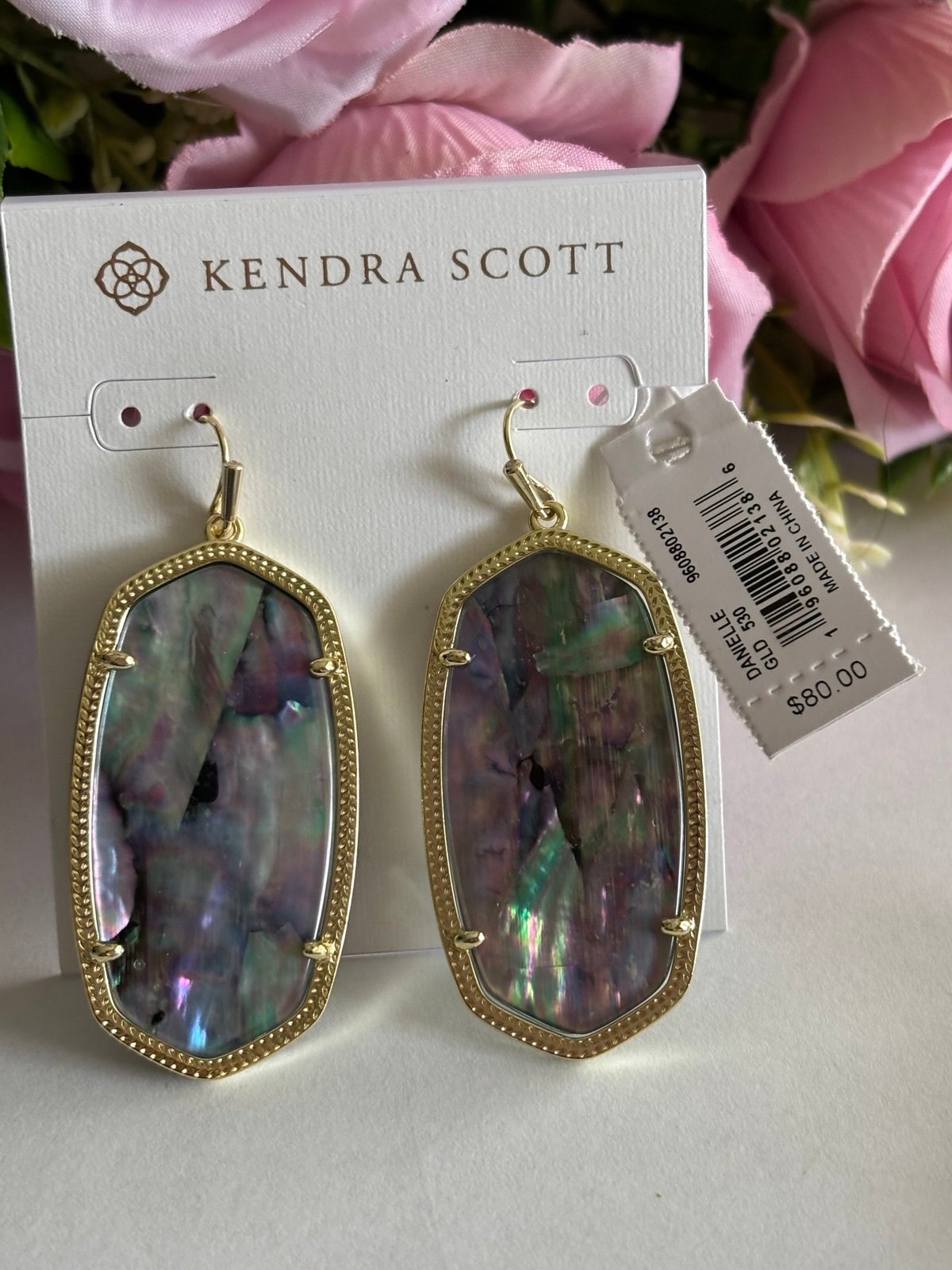 NWT Danielle Gold Statement Earrings In lilac abalone.